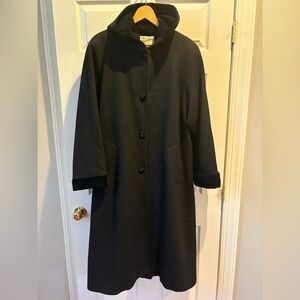 Vintage Jacqueline Ferrar Wool Coat Velvet Hood & Cuffs Sz12 Black Long Overcoat